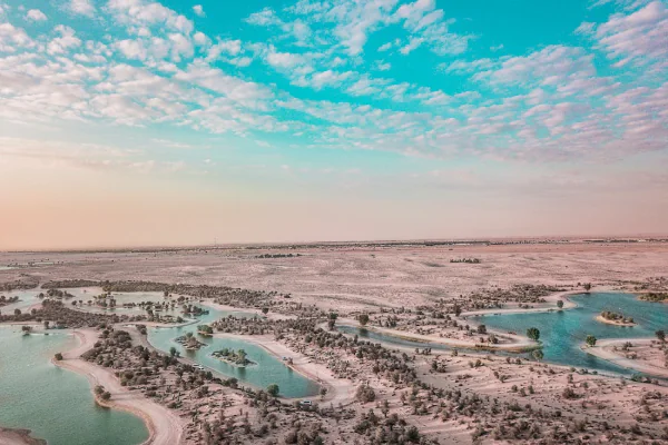 واحة في منطقة صحراوية أثناء طقس غائم 