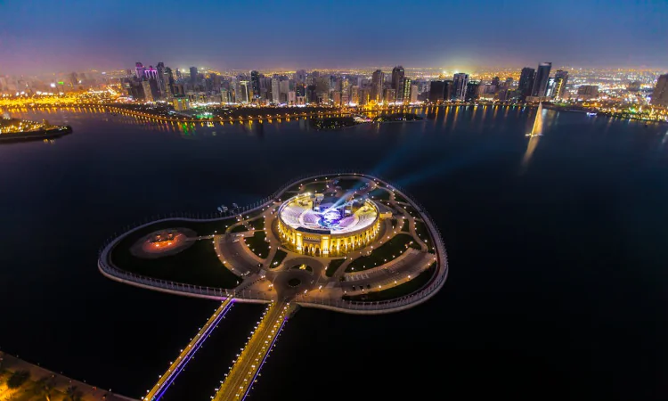 An Aerial Shot of Al Majaz Island at Night