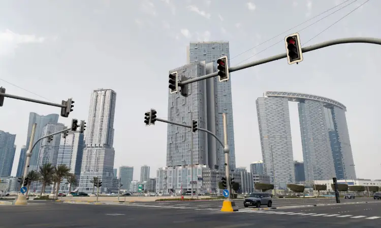 Modern Urban Skyline with Traffic Lights