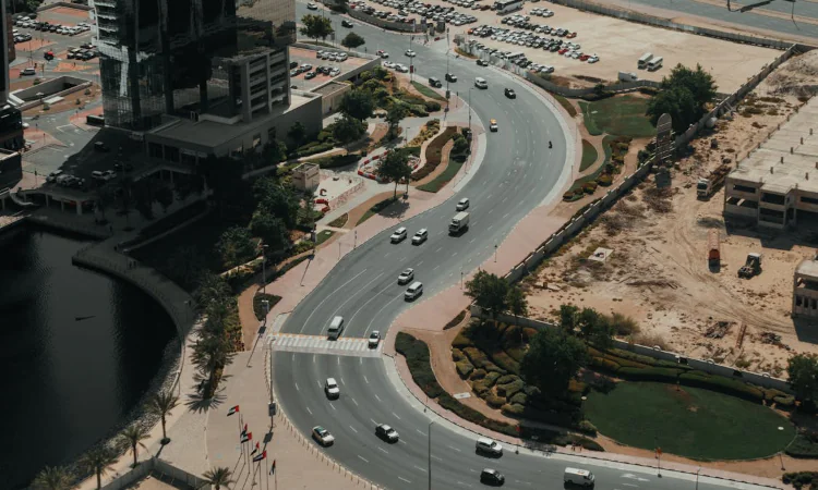 Aerial view of urban infrastructure and high-rise buildings in Dubai